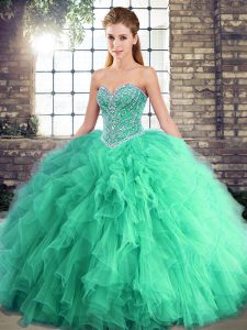 Fitting Sleeveless Floor Length Beading and Ruffles Lace Up 15th Birthday Dress with Turquoise