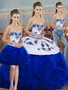 Fabulous Royal Blue Lace Up Quince Ball Gowns Embroidery and Ruffles and Bowknot Sleeveless Floor Length