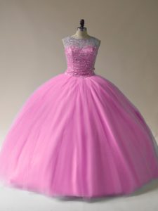 Baby Pink Sleeveless Tulle Lace Up Quinceanera Gowns for Sweet 16 and Quinceanera
