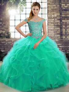 Spectacular Turquoise Ball Gowns Tulle Off The Shoulder Sleeveless Beading and Ruffles Lace Up Quinceanera Gowns Brush Train