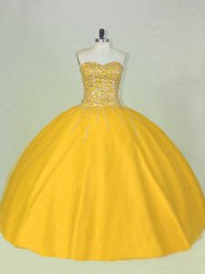 Sleeveless Floor Length Beading Lace Up Sweet 16 Dresses with Gold