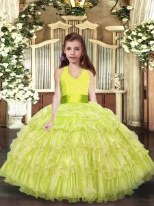 Simple Yellow Green Sleeveless Floor Length Ruffled Layers Lace Up Little Girls Pageant Dress Wholesale