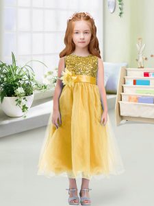 Colorful Gold Zipper Flower Girl Dress Sequins and Hand Made Flower Sleeveless Tea Length