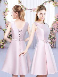 Sleeveless Satin Mini Length Lace Up Court Dresses for Sweet 16 in Baby Pink with Bowknot