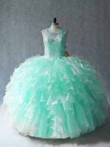 Suitable Apple Green Scoop Neckline Beading and Ruffles Quinceanera Gowns Sleeveless Lace Up