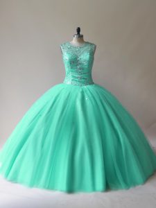 Flare Aqua Blue Ball Gowns Scoop Sleeveless Tulle Floor Length Lace Up Beading Vestidos de Quinceanera