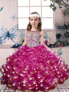 Customized Floor Length Fuchsia Pageant Dress for Teens Organza Sleeveless Beading and Ruffles