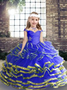 Super Blue Ball Gowns Beading and Ruching Little Girls Pageant Dress Wholesale Lace Up Tulle Sleeveless Floor Length