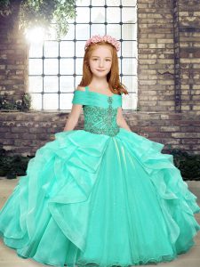 Superior Apple Green Ball Gowns Beading Little Girl Pageant Gowns Lace Up Organza Sleeveless Floor Length