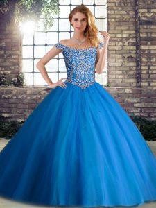 Most Popular Off The Shoulder Sleeveless Ball Gown Prom Dress Brush Train Beading Blue Tulle