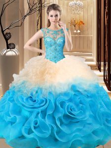 Fabric With Rolling Flowers Scoop Sleeveless Lace Up Beading and Ruffles Sweet 16 Dresses in Multi-color