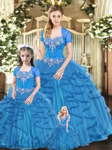 Sleeveless Tulle Floor Length Lace Up Sweet 16 Quinceanera Dress in Blue with Beading and Ruffles