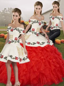 Designer White And Red Off The Shoulder Neckline Embroidery and Ruffles 15th Birthday Dress Sleeveless Lace Up