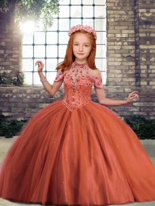 Affordable Rust Red Little Girls Pageant Dress Wholesale Party and Wedding Party with Beading High-neck Sleeveless Lace Up
