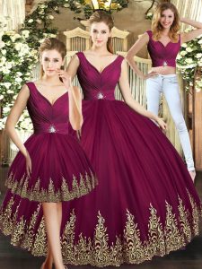 Romantic Burgundy Sweet 16 Quinceanera Dress Military Ball and Sweet 16 and Quinceanera with Beading and Appliques V-neck Sleeveless Backless