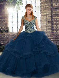 Sophisticated Blue Sleeveless Floor Length Beading and Ruffles Lace Up Ball Gown Prom Dress