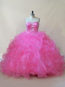 Floor Length Rose Pink Quinceanera Dresses Tulle Sleeveless Beading and Ruffles