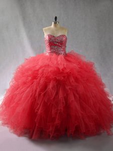 Super Ball Gowns Ball Gown Prom Dress Wine Red Sweetheart Tulle Sleeveless Floor Length Lace Up