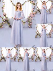 Grey Empire Off The Shoulder Half Sleeves Tulle Floor Length Side Zipper Lace and Belt Quinceanera Court of Honor Dress