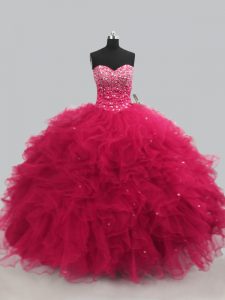 Floor Length Lace Up Sweet 16 Dresses Hot Pink for Sweet 16 and Quinceanera with Beading and Ruffles