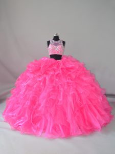 Sleeveless Organza Court Train Zipper Quinceanera Gown in Hot Pink with Beading and Ruffles