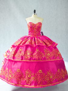 Fitting Hot Pink Ball Gowns Organza Sweetheart Sleeveless Embroidery and Ruffled Layers Lace Up Quinceanera Gowns