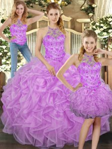 Sophisticated Lilac Halter Top Neckline Beading and Ruffles Quinceanera Dress Sleeveless Lace Up