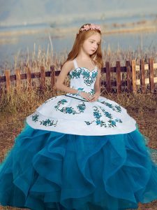 Floor Length Blue Little Girls Pageant Dress Sleeveless Embroidery and Ruffles