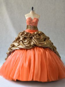 Organza and Printed V-neck Sleeveless Brush Train Lace Up Beading and Pick Ups Sweet 16 Dress in Orange