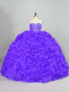 Hot Sale Purple Ball Gowns Fabric With Rolling Flowers Sweetheart Sleeveless Beading Lace Up Vestidos de Quinceanera Court Train