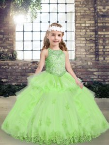 Sleeveless Floor Length Lace and Appliques Lace Up Little Girls Pageant Dress with