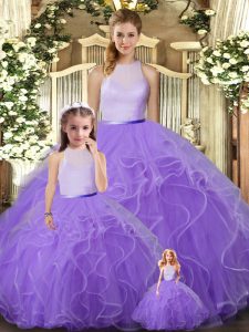 Superior Floor Length Lavender Ball Gown Prom Dress Tulle Sleeveless Ruffles