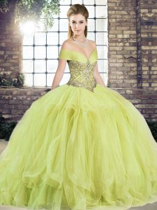 Dramatic Off The Shoulder Sleeveless Tulle Sweet 16 Dress Beading and Ruffles Lace Up