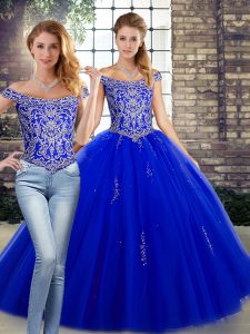 Sleeveless Tulle Floor Length Lace Up Vestidos de Quinceanera in Royal Blue with Beading
