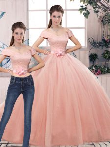 Tulle Off The Shoulder Short Sleeves Lace Up Lace and Hand Made Flower Quinceanera Gowns in Pink
