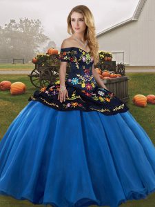 Luxury Blue And Black Sleeveless Floor Length Embroidery Lace Up 15 Quinceanera Dress