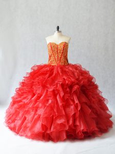Low Price Red Sleeveless Floor Length Beading and Ruffles Lace Up Womens Party Dresses