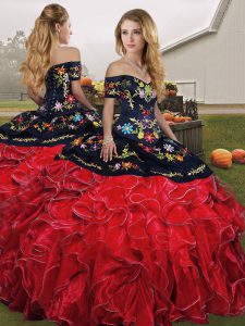Custom Fit Off The Shoulder Sleeveless Organza Quinceanera Gowns Embroidery and Ruffles Lace Up