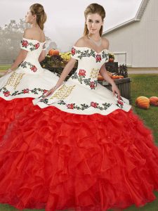 Perfect White And Red Organza Lace Up Off The Shoulder Sleeveless Floor Length Ball Gown Prom Dress Embroidery and Ruffles