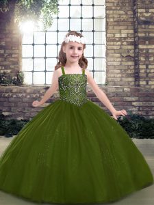 Straps Sleeveless Little Girls Pageant Gowns Floor Length Beading Olive Green Tulle