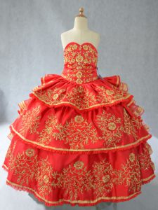 Red Sleeveless Floor Length Embroidery and Ruffled Layers Lace Up Pageant Gowns For Girls