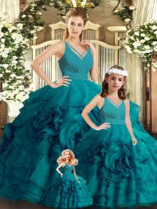 Delicate Teal Sleeveless Organza Brush Train Backless Quinceanera Gown for Sweet 16 and Quinceanera
