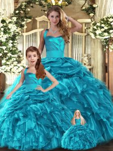 Floor Length Teal Quinceanera Gowns Halter Top Sleeveless Lace Up