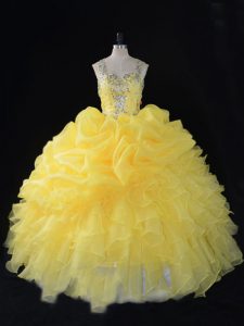 On Sale Yellow Organza Zipper Straps Sleeveless Floor Length Sweet 16 Dress Beading and Ruffles and Pick Ups