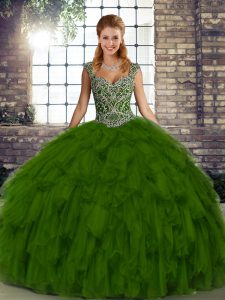 Organza Straps Sleeveless Lace Up Beading and Ruffles 15 Quinceanera Dress in Olive Green