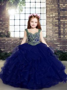 Blue Ball Gowns Beading and Ruffles Pageant Dress for Teens Lace Up Tulle Sleeveless Floor Length