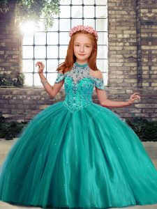 Affordable Floor Length Lace Up Winning Pageant Gowns Turquoise for Party and Wedding Party with Beading