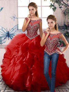Hot Selling Organza Scoop Sleeveless Zipper Beading and Ruffles Quinceanera Dresses in Red