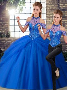 Flirting Lace Up Vestidos de Quinceanera Blue for Military Ball and Sweet 16 and Quinceanera with Beading and Pick Ups Brush Train