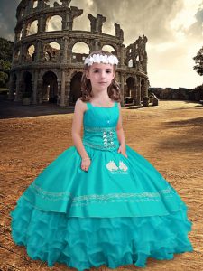 Glorious Aqua Blue Ball Gowns Satin and Organza Straps Sleeveless Embroidery and Ruffled Layers Floor Length Zipper Little Girl Pageant Dress